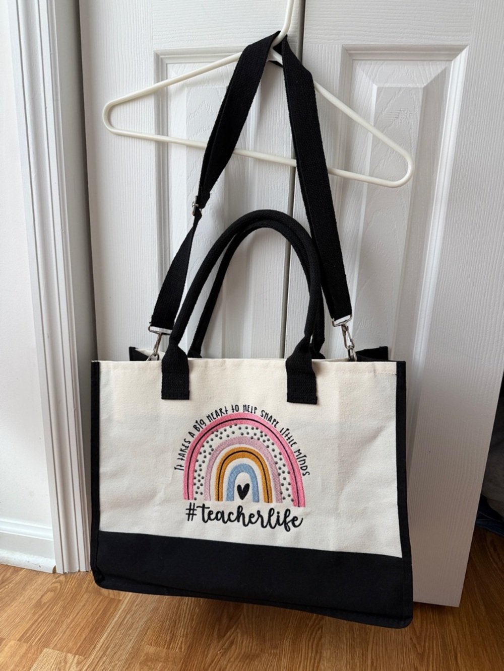 Canvas Teacher Tote Bag with Rainbow Graphic - Black & Cream